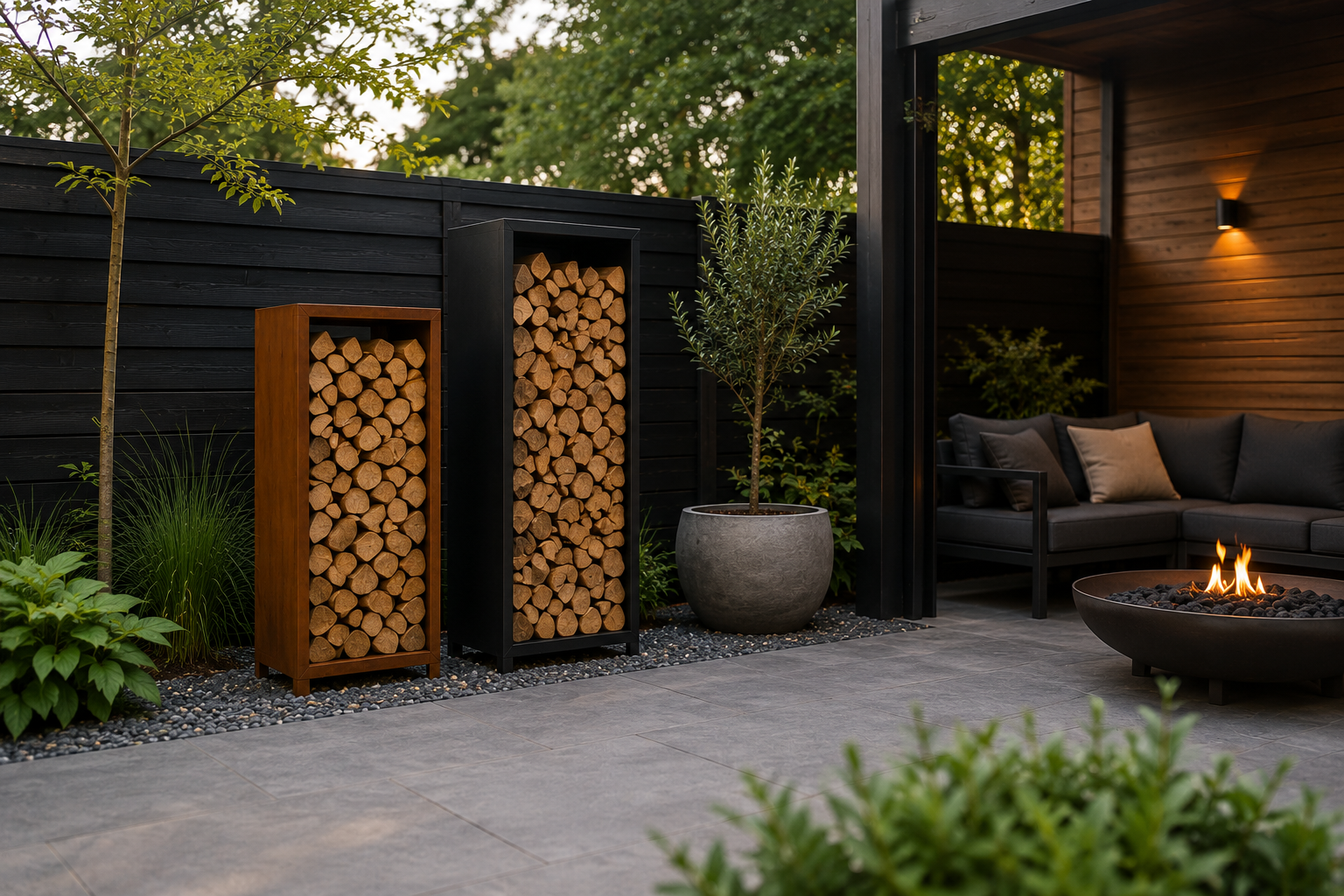 compacte houtopslag van cortenstaal en zwart staal in kleine moderne tuin