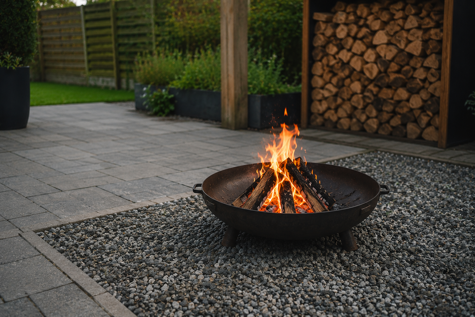 vuurkorf op stenen terras met grind en gras in moderne tuin
