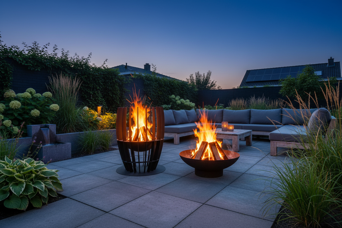 vuurkorf en een vuurschaal om het verschil te laten zien wat er beter past in iemand zijn tuin