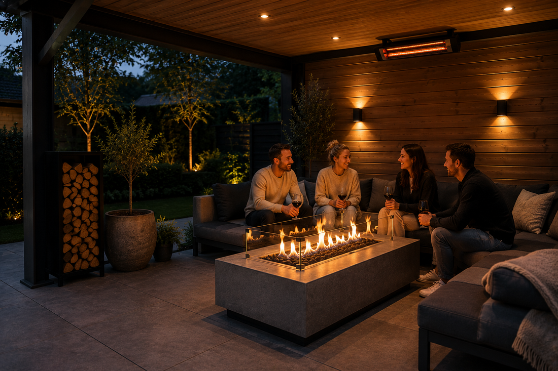 moderne vuurtafel onder houten overkapping met mensen op loungeset