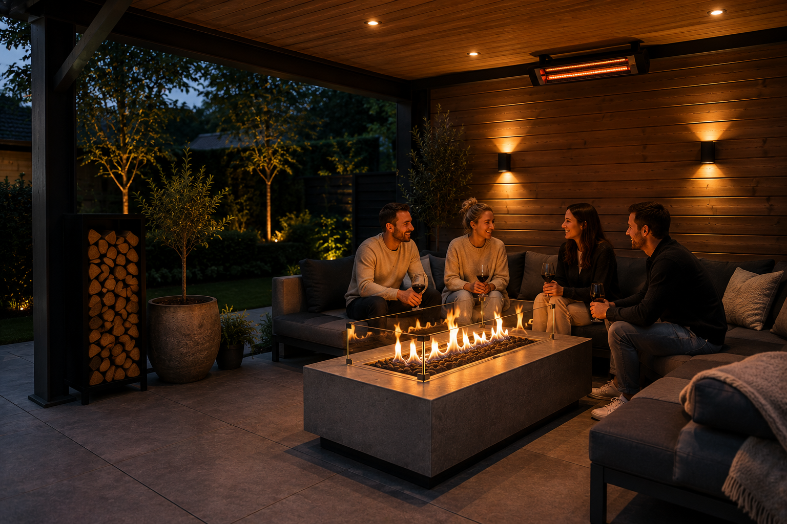 moderne vuurtafel onder houten overkapping met mensen op loungeset