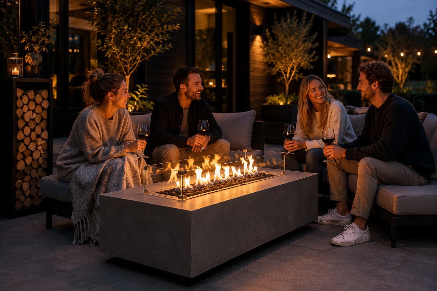 mensen zitten warm rondom moderne vuurtafel op terras in de avond