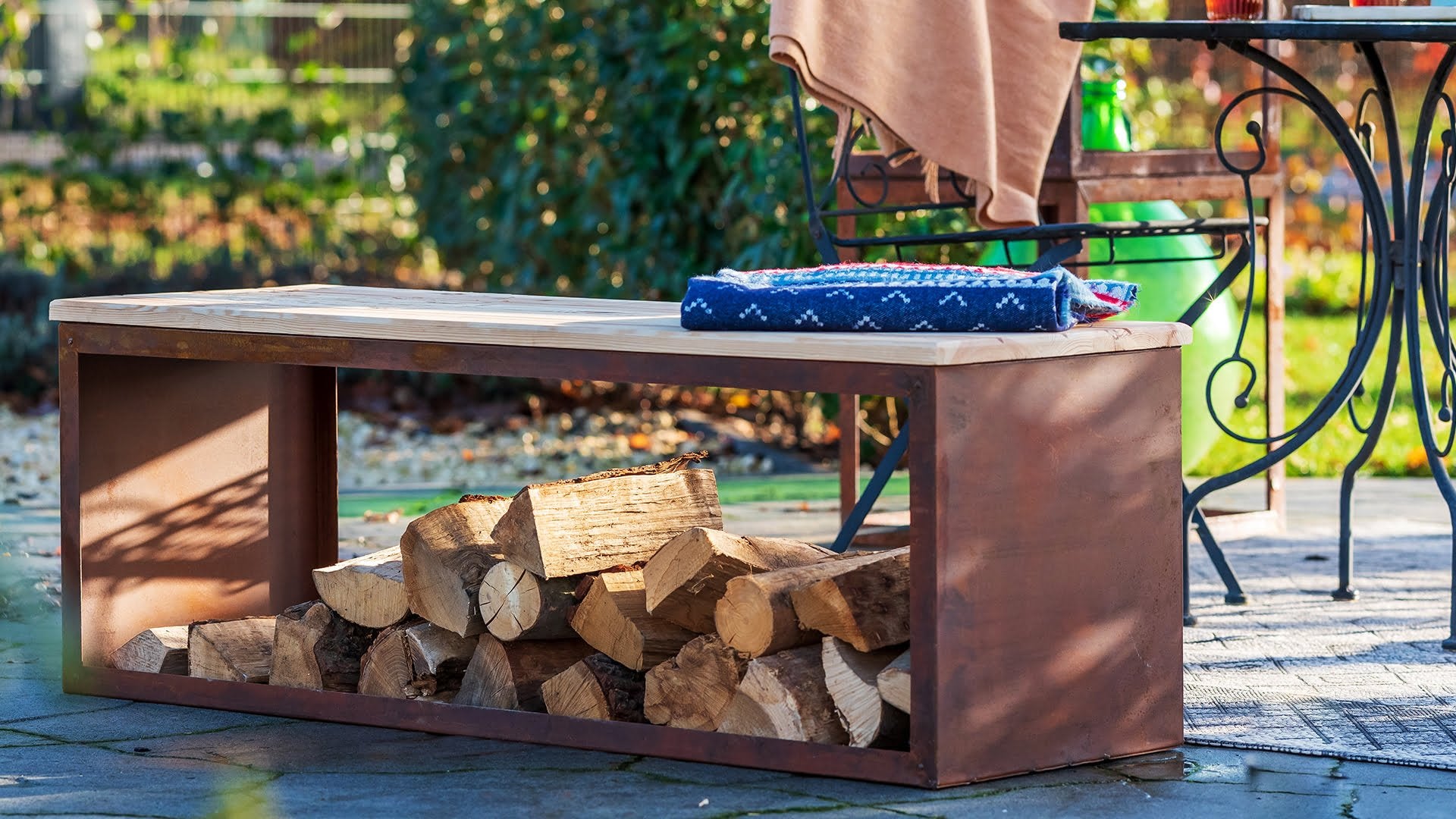 Redfire tyr handmade houtopslag bank 120 cm roest