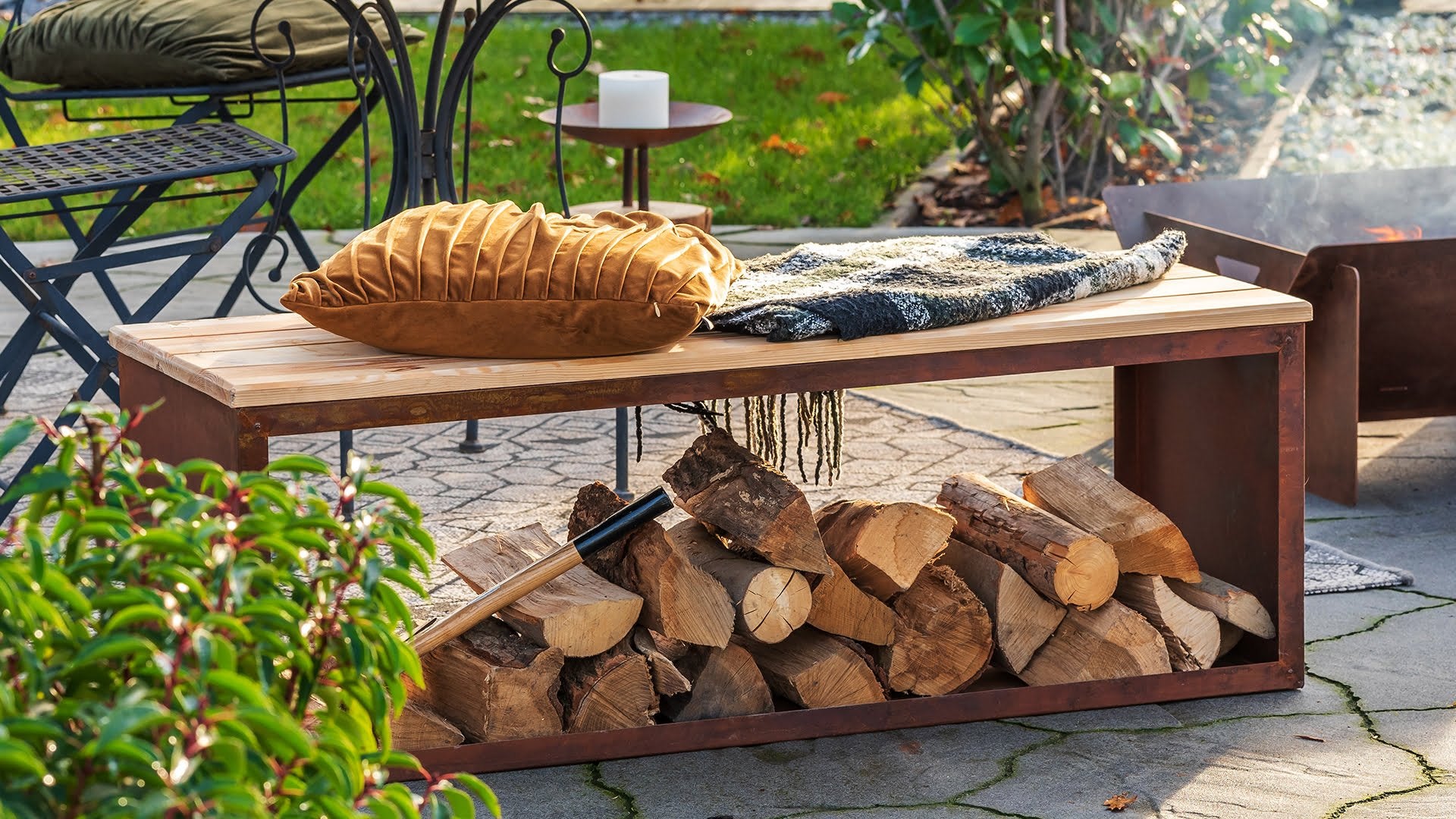 Redfire tyr handmade houtopslag bank 120 cm roest