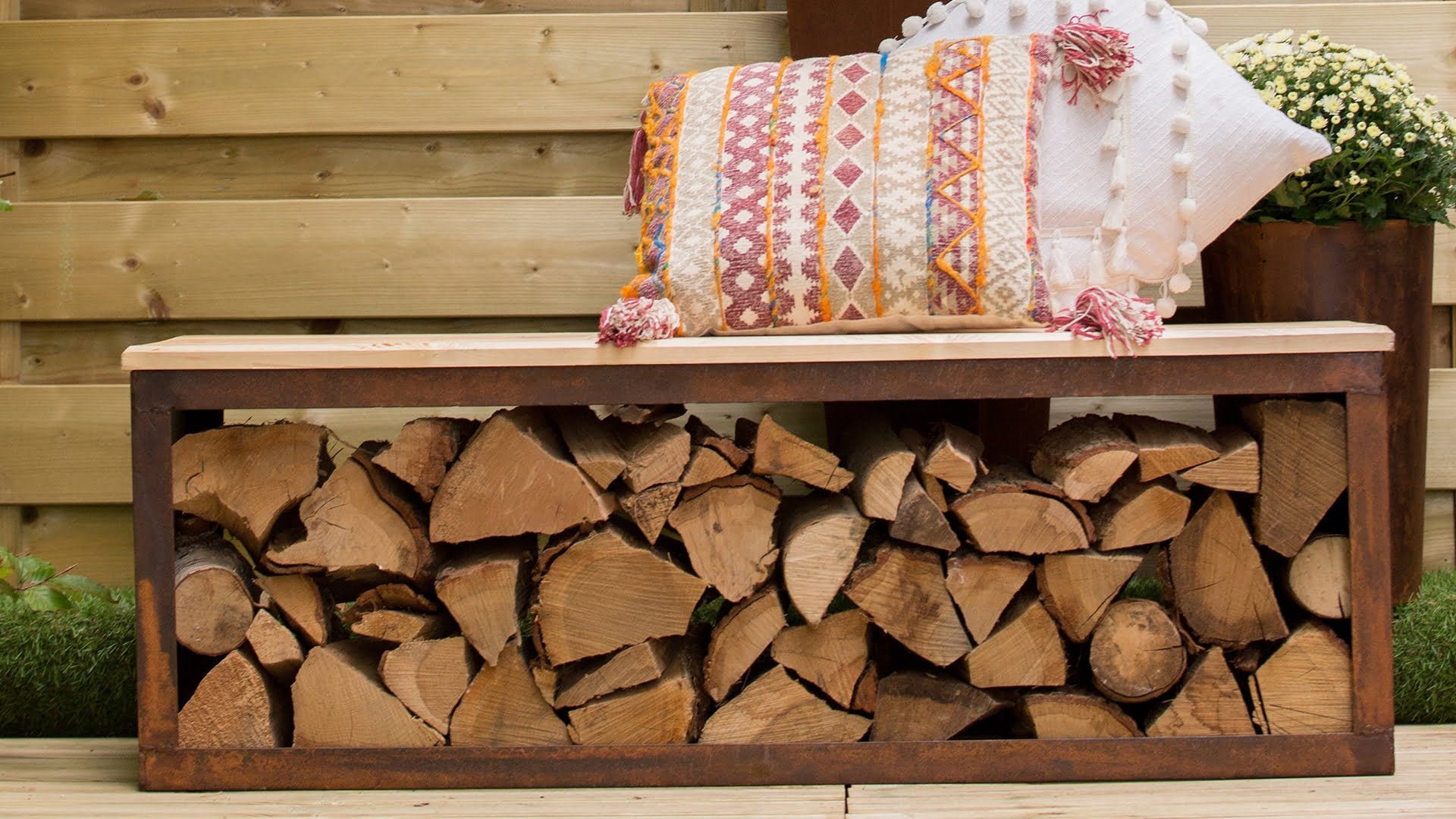 Redfire tyr handmade houtopslag bank 120 cm roest