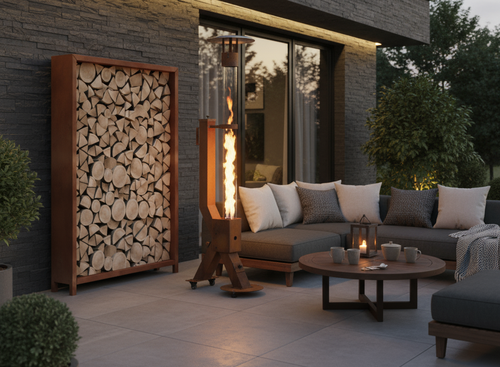 Houtopslag en terrasverwarmer lifestyle