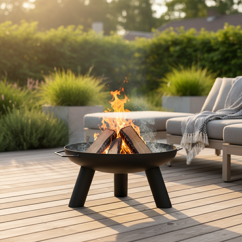 Vuurschaal op terras tijdens golden hour